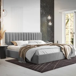 Garnero Arredamenti Letti Matrimoniali|Letti Matrimoniali-Letto matrimoniale 160x200 cm con rete contenitore imbottito grigio Orione Tessuto Fresco Grigio
