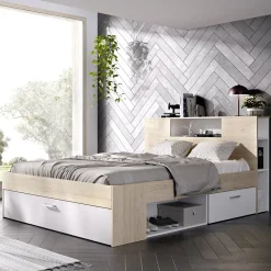 Garnero Arredamenti Letti Matrimoniali|Letti Matrimoniali-Letto matrimoniale 160x200cm con cassettoni e libreria rovere bianco Nolito Bianco Opaco - Rovere