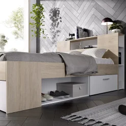 Garnero Arredamenti Letti Matrimoniali|Letti Matrimoniali-Letto matrimoniale 160x200cm con cassettoni e libreria rovere bianco Nolito Bianco Opaco - Rovere