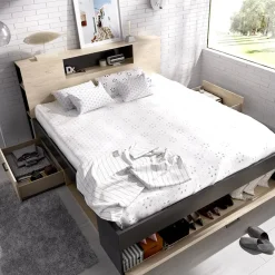 Garnero Arredamenti Letti Matrimoniali|Letti Matrimoniali-Letto matrimoniale 160x200cm con cassettoni e libreria rovere antracite Nolito Rovere - Antracite