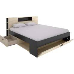 Garnero Arredamenti Letti Matrimoniali|Letti Matrimoniali-Letto matrimoniale 160x200cm con cassettoni e libreria rovere antracite Nolito Rovere - Antracite