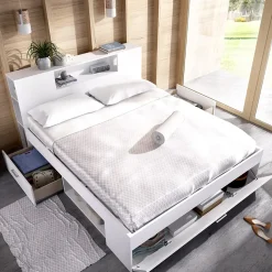 Garnero Arredamenti Letti Matrimoniali|Letti Matrimoniali-Letto matrimoniale 160x200cm con cassettoni e libreria Nolito Bianco Opaco