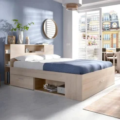 Garnero Arredamenti Letti Matrimoniali|Letti Matrimoniali-Letto matrimoniale 160x200cm con cassettoni e libreria Nolito Rovere