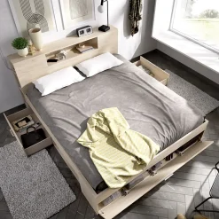 Garnero Arredamenti Letti Matrimoniali|Letti Matrimoniali-Letto matrimoniale 160x200cm con cassettoni e libreria Nolito Rovere