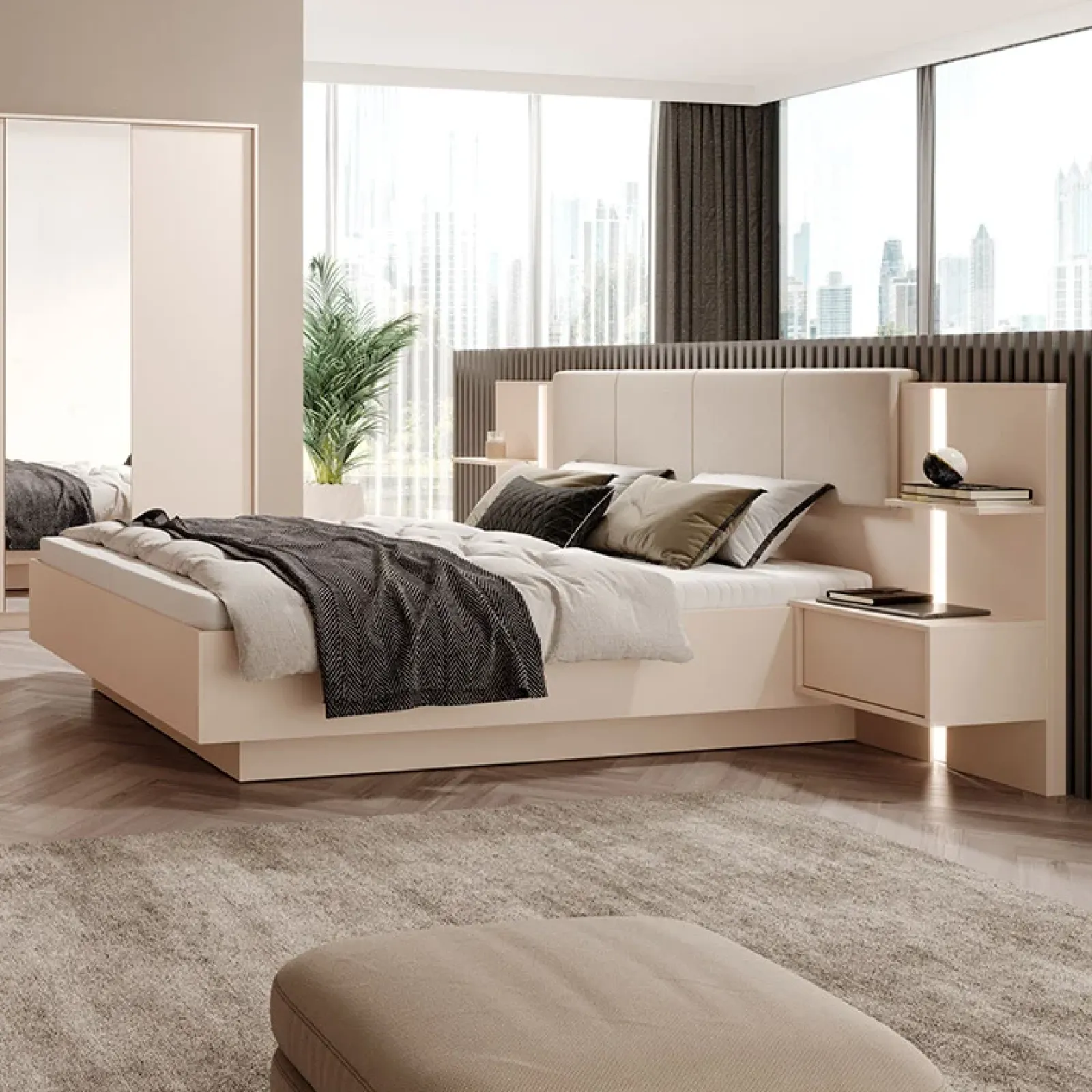 Garnero Arredamenti Letti Matrimoniali|Letti Matrimoniali-Letto matrimoniale 160x200cm contenitore con comodini beige Jolly