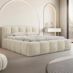 Garnero Arredamenti Letti Matrimoniali|Letti Matrimoniali-Letto matrimoniale 160x200cm con rete contenitore imbottito tessuto bouclé beige Aluna Tessuto Abriamo Beige
