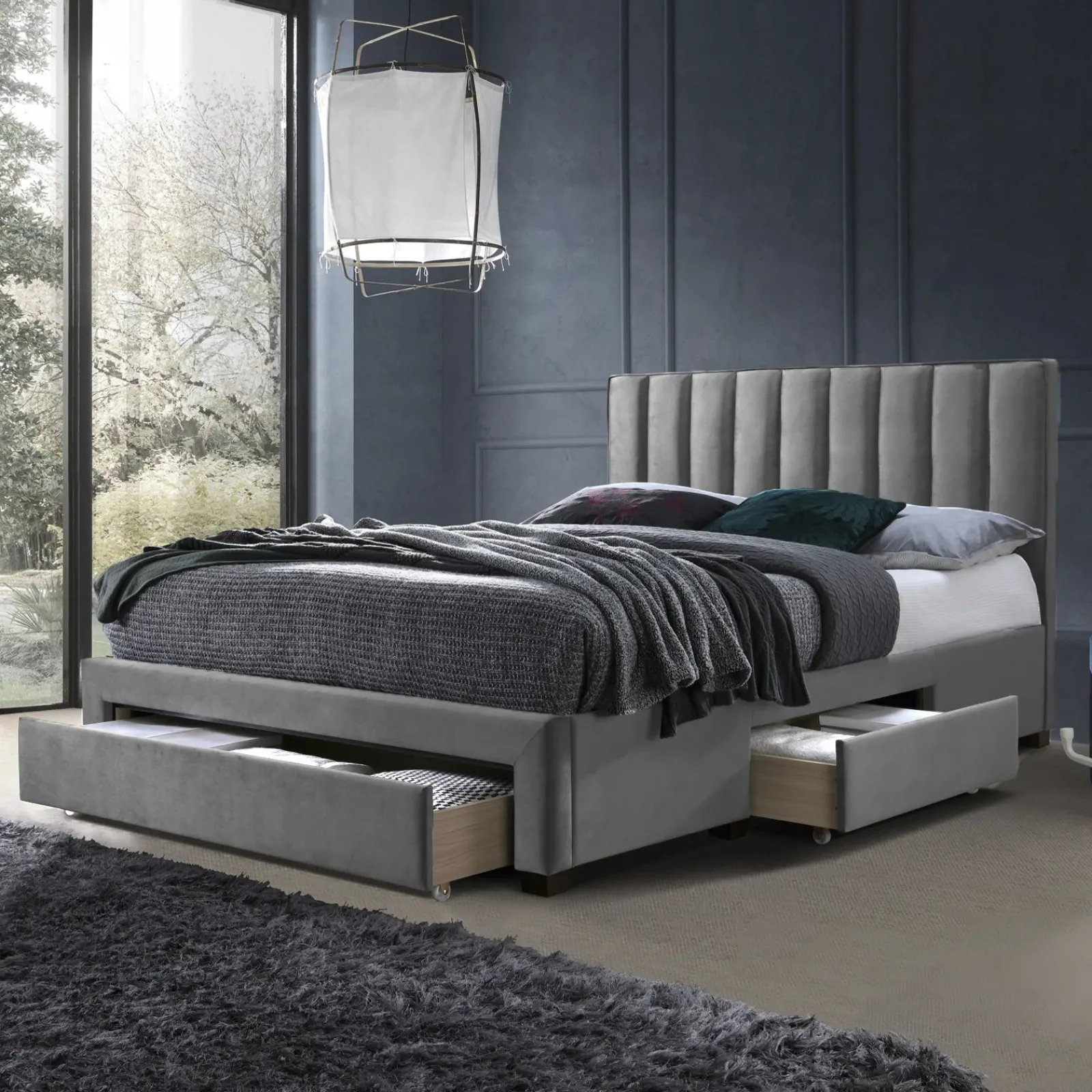 Garnero Arredamenti Letti Matrimoniali|Letti Matrimoniali-Letto matrimoniale 160x200cm imbottito con cassettoni in velluto Lux Grigio