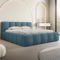 Garnero Arredamenti Letti Oversize-Letto oversize 180x200cm con rete contenitore imbottito tessuto bouclé turchese Aluna Tessuto Abriamo Turchese