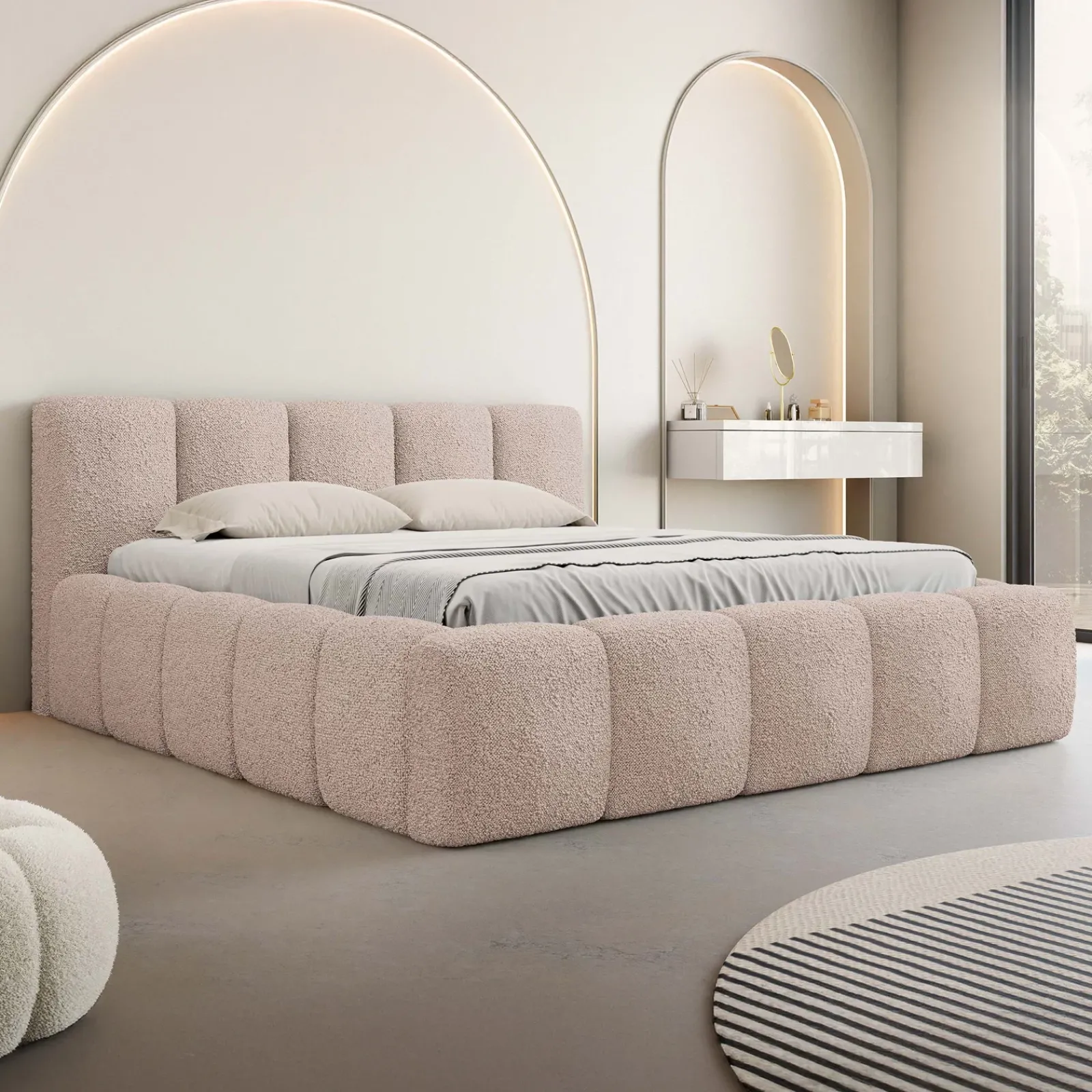 Garnero Arredamenti Letti Oversize-Letto oversize 180x200cm con rete contenitore imbottito tessuto bouclé rosa Aluna Tessuto Abriamo Rosa