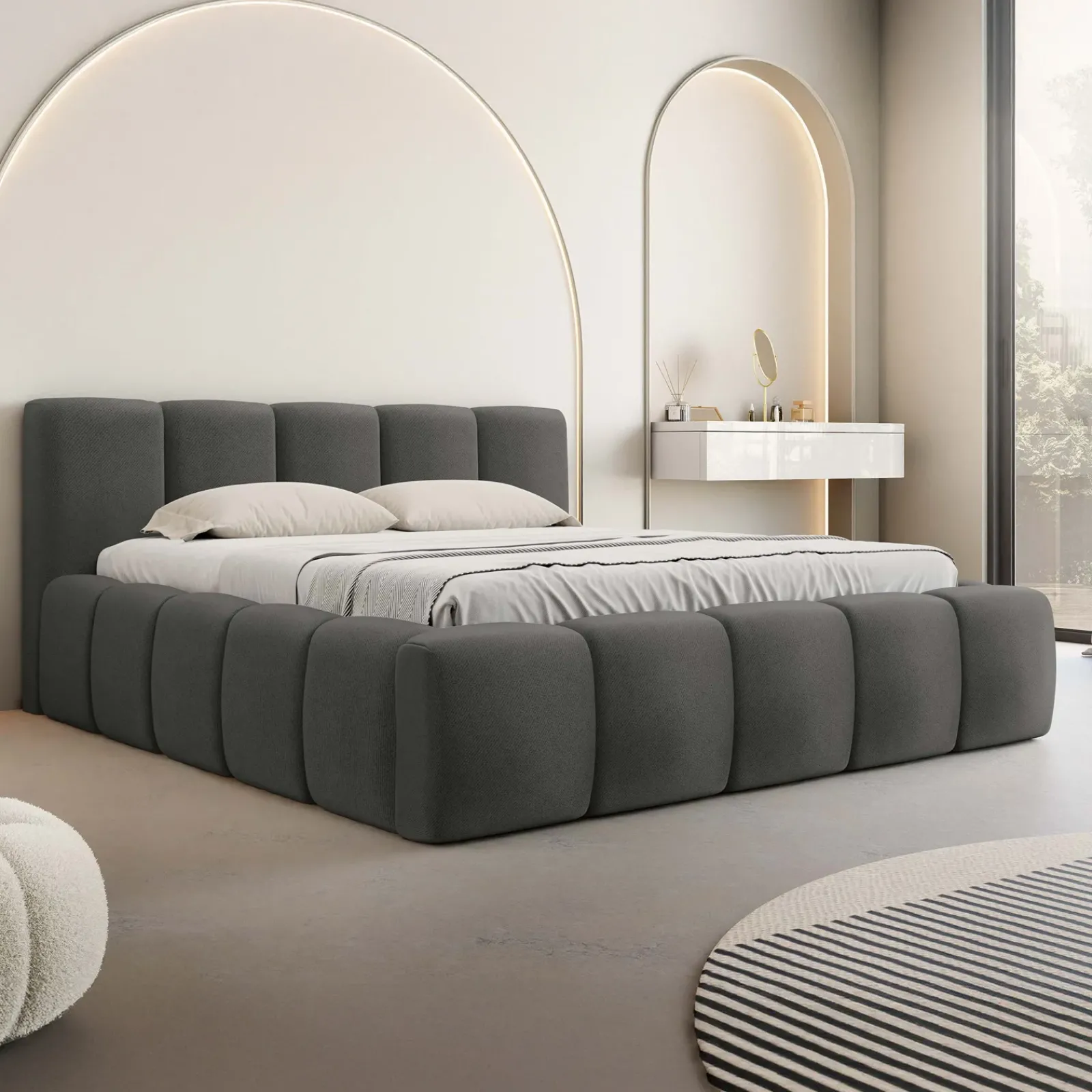 Garnero Arredamenti Letti Oversize-Letto oversize 180x200cm con rete contenitore imbottito grigio scuro Aluna Tessuto Kronos Grigio Scuro