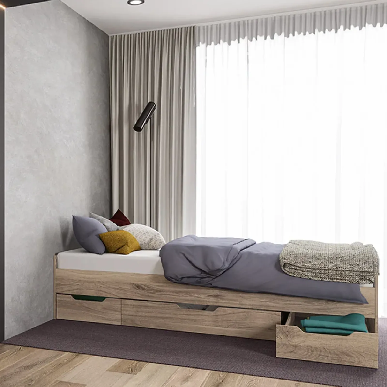 Garnero Arredamenti Letti Singoli|Letti Per Bambini E Ragazzi-Letto singolo 90x200cm 3 cassetti rovere chiaro Kabala