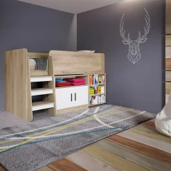 Garnero Arredamenti Letti Per Cameretta|Letti Per Bambini E Ragazzi-Letto singolo 90x200cm a soppalco rovere sonoma bianco opaco Erick