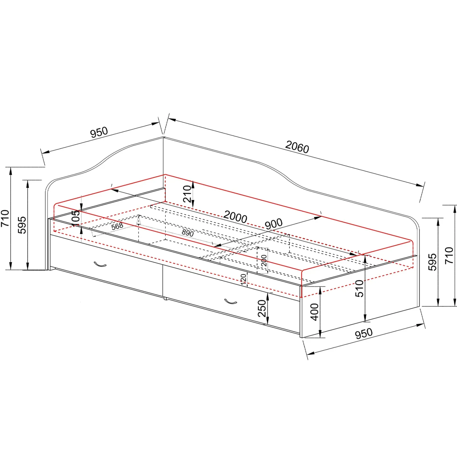Garnero Arredamenti Letti Singoli|Letti Per Bambini E Ragazzi-Letto singolo 90x200cm con cassettoni Beccaria Rovere Rustico