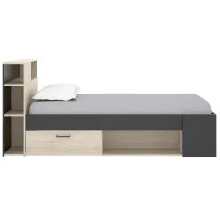 Garnero Arredamenti Letti Per Cameretta|Letti Singoli-Letto singolo 90x190cm con cassettoni e libreria rovere grafite Derby Rovere - Antracite