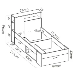 Garnero Arredamenti Letti Per Cameretta|Letti Singoli-Letto singolo 90x190cm con cassettoni e libreria rovere grafite Derby Rovere - Antracite