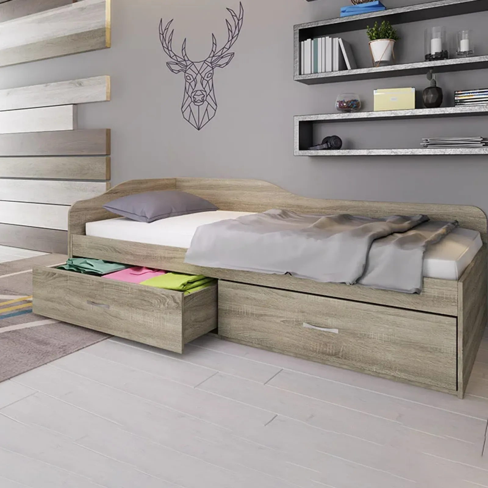 Garnero Arredamenti Letti Singoli|Letti Per Bambini E Ragazzi-Letto singolo 90x200cm con cassettoni sonoma Beccaria Rovere