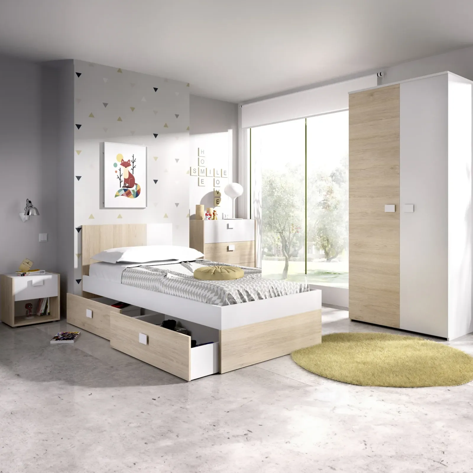 Garnero Arredamenti Letti Per Bambini E Ragazzi|Letti Per Bambini E Ragazzi-Letto singolo 90x190cm con cassettoni estraibili rovere bianco Cairo