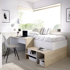 Garnero Arredamenti Letti Per Cameretta|Letti Per Bambini E Ragazzi-Letto singolo 90x190cm con cassetti e scrivania bianco rovere Adrian