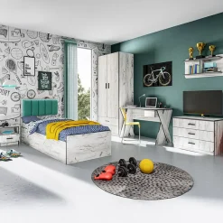 Garnero Arredamenti Letti Singoli|Letti Per Bambini E Ragazzi-Letto singolo 90x200cm contenitore bianco rustico turchese Zadar Bianco Frassinato - Azzurro