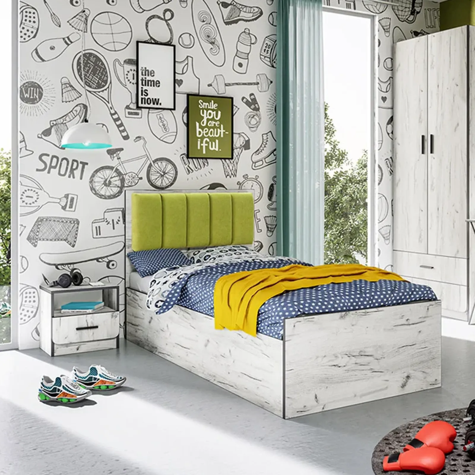 Garnero Arredamenti Letti Singoli|Letti Per Bambini E Ragazzi-Letto singolo 90x200cm contenitore bianco rustico verde Zadar Bianco Frassinato - Verde