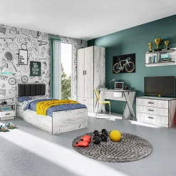 Garnero Arredamenti Letti Singoli|Letti Per Bambini E Ragazzi-Letto singolo 90x200cm contenitore bianco rustico grigio Zadar Bianco Frassinato - Antracite
