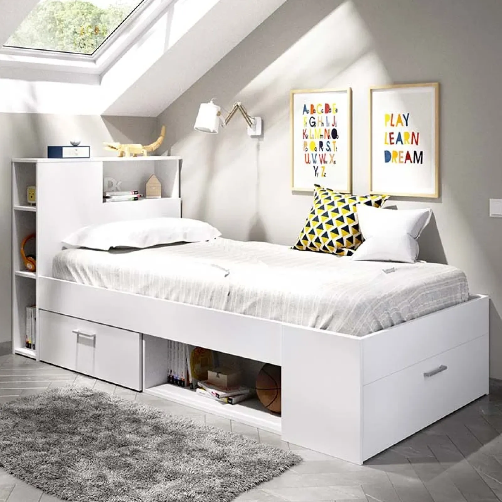 Garnero Arredamenti Letti Per Cameretta|Letti Singoli-Letto singolo 90x190cm reversibile 2 cassetti con libreria bianco Derby Bianco Opaco