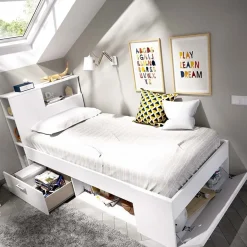 Garnero Arredamenti Letti Per Cameretta|Letti Singoli-Letto singolo 90x190cm reversibile 2 cassetti con libreria bianco Derby Bianco Opaco
