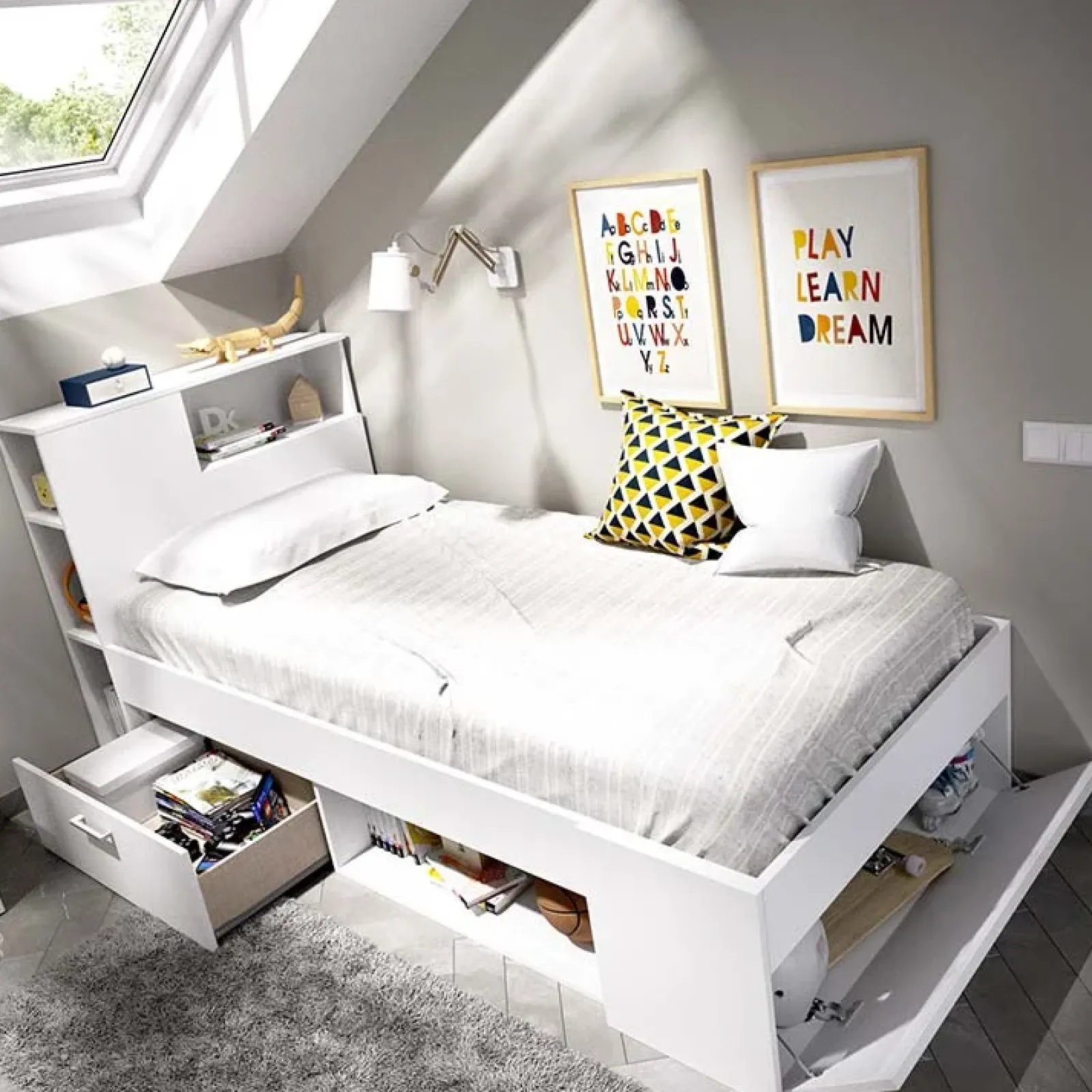 Garnero Arredamenti Letti Per Cameretta|Letti Singoli-Letto singolo 90x190cm reversibile 2 cassetti con libreria bianco Derby Bianco Opaco