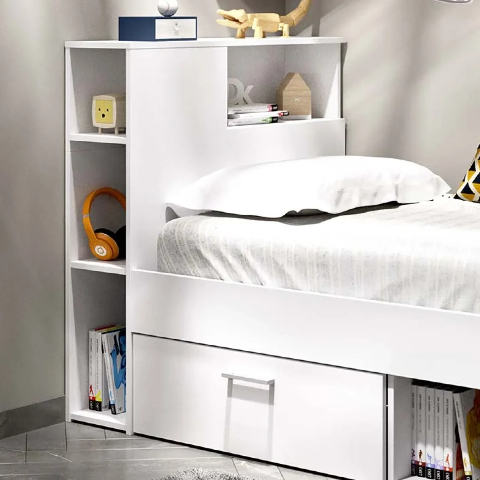 Garnero Arredamenti Letti Per Cameretta|Letti Singoli-Letto singolo 90x190cm reversibile 2 cassetti con libreria bianco Derby Bianco Opaco
