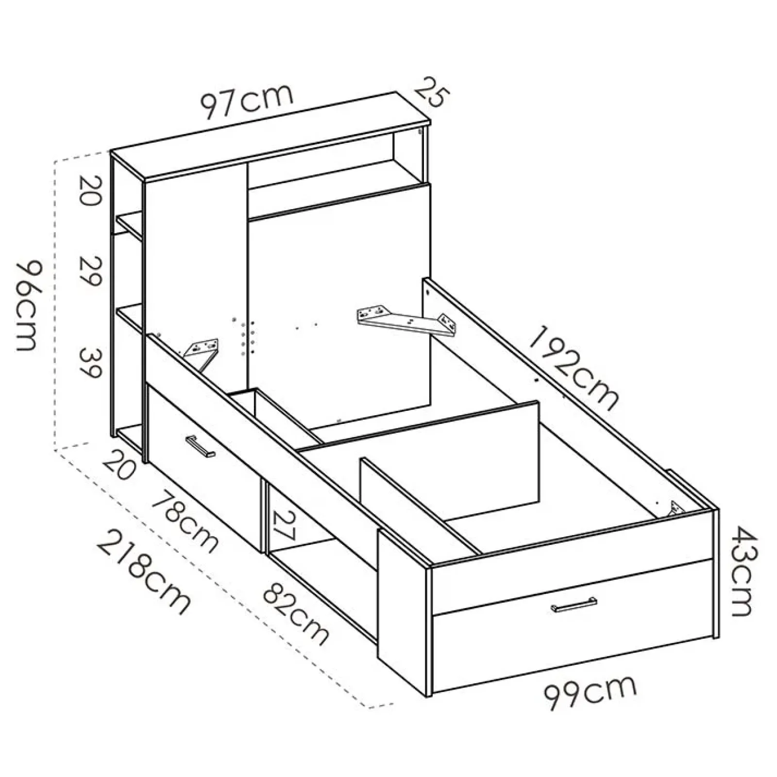 Garnero Arredamenti Letti Per Cameretta|Letti Singoli-Letto singolo 90x190cm reversibile 2 cassetti con libreria bianco Derby Bianco Opaco