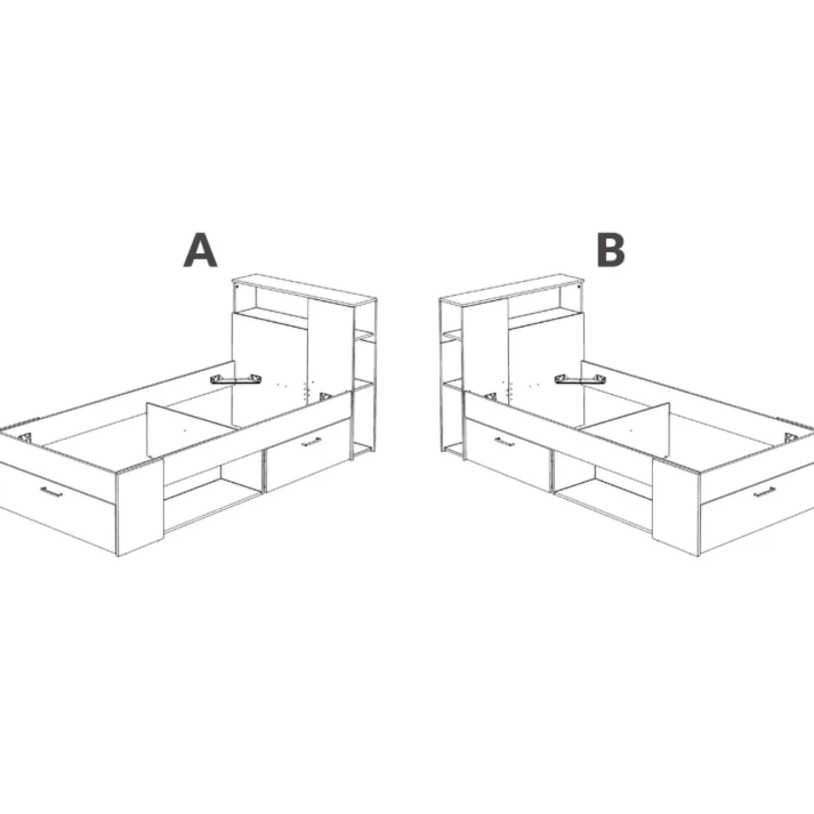 Garnero Arredamenti Letti Per Cameretta|Letti Singoli-Letto singolo 90x190cm reversibile 2 cassetti con libreria bianco Derby Bianco Opaco