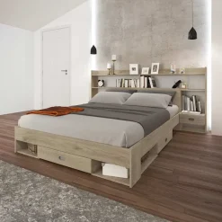 Garnero Arredamenti Letti Alla Francese-Letto 140x200cm alla francese con cassettoni e libreria rovere sonoma Danubio