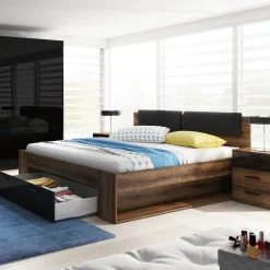 Garnero Arredamenti Letti Matrimoniali|Letti Matrimoniali-Letto 160x200cm matrimoniale con cassettone rovere nero lucido Cortina Gihome® Nero Lucido - Wengè