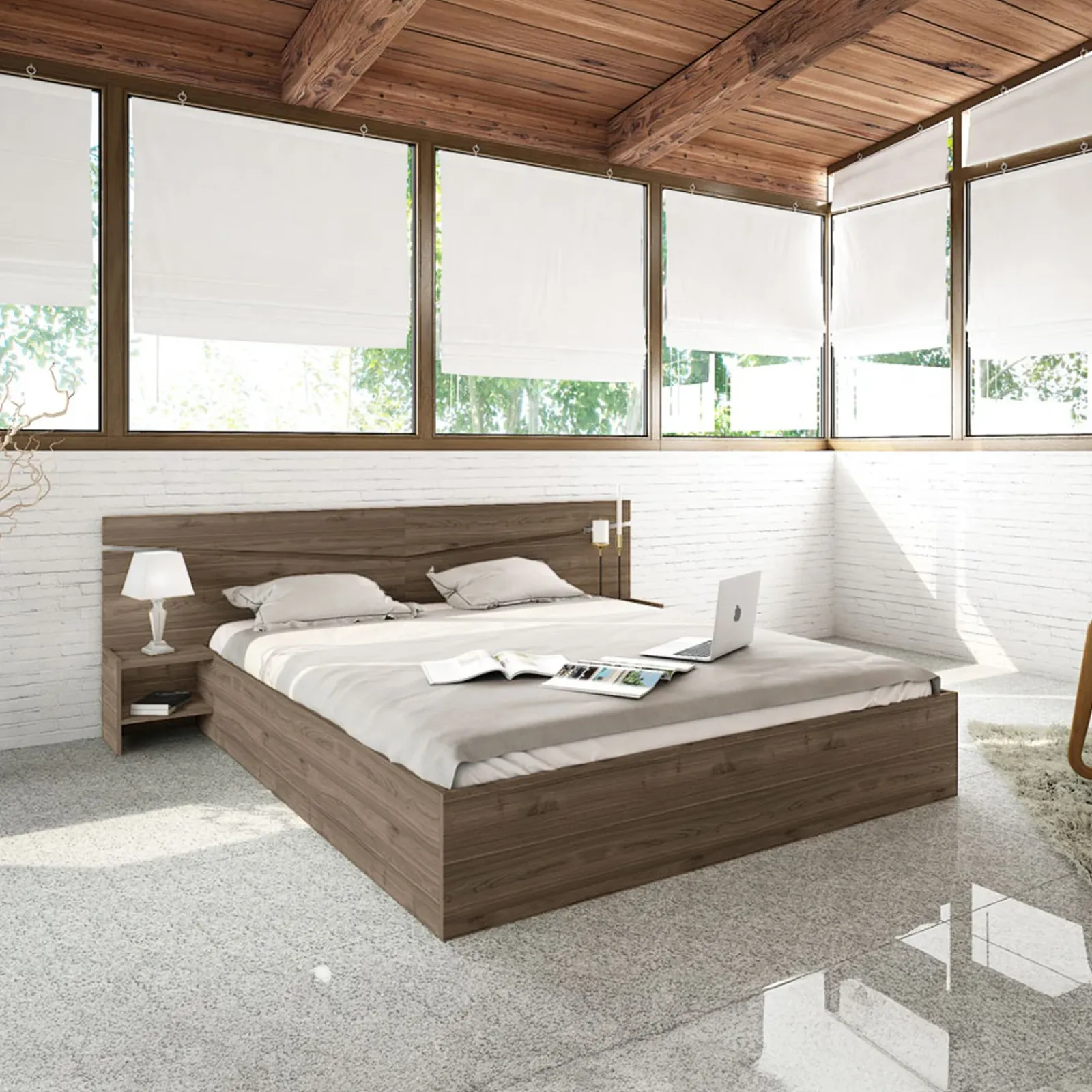 Garnero Arredamenti Letti Matrimoniali|Letti Matrimoniali-Letto 160x200cm matrimoniale con comodini Camilla Gihome® Noce