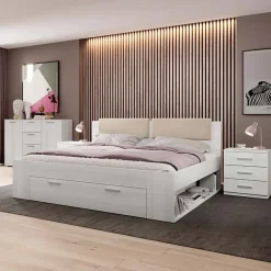Garnero Arredamenti Letti Matrimoniali|Letti Matrimoniali-Letto 160x200cm matrimoniale con cassettone pino bianco beige Cortina Bianco Frassinato