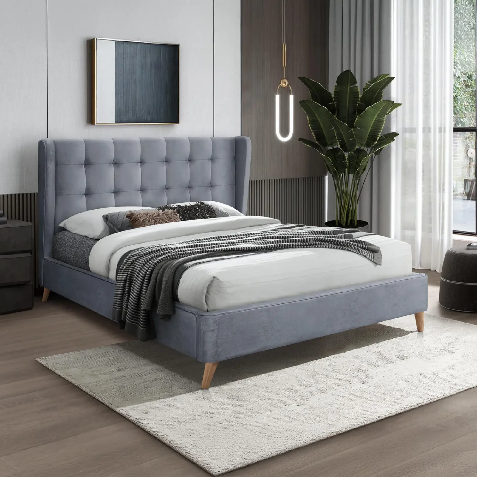 Garnero Arredamenti Letti Matrimoniali|Letti Matrimoniali-Letto 160x200cm matrimoniale imbottito in velluto con rete a doghe Resty Grigio