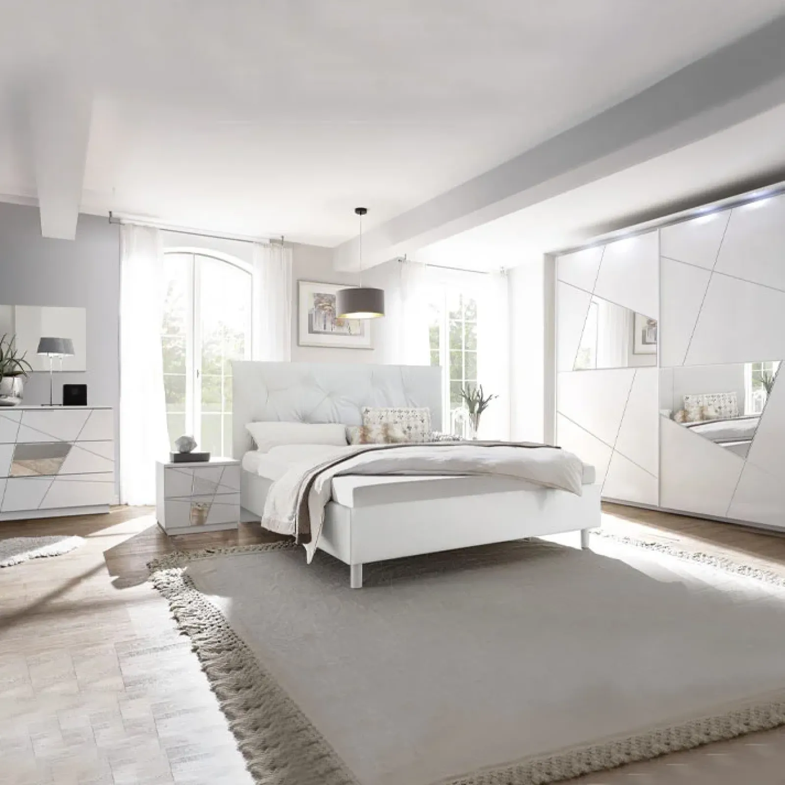 Garnero Arredamenti Letti Matrimoniali|Letti Matrimoniali-Letto 160x195cm matrimoniale imbottito bianco laccato opaco Olimpo