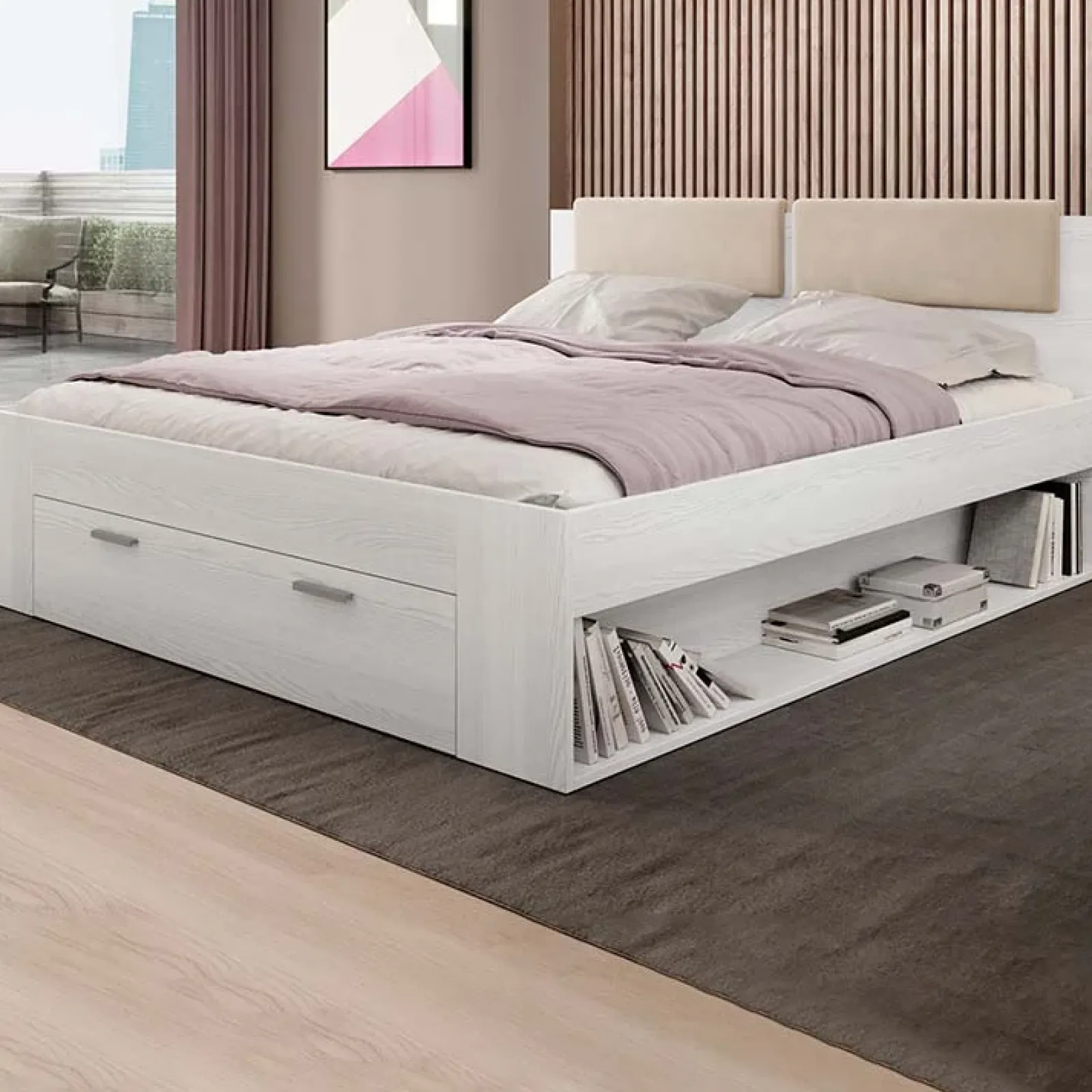 Garnero Arredamenti Letti Oversize-Letto 180x200cm matrimoniale oversize con cassettone pino bianco beige Cortina Bianco Frassinato