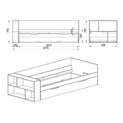 Garnero Arredamenti Letti Per Cameretta|Letti Singoli-Letto 90x200cm singolo estraibile con libreria reversibile rovere Claudio