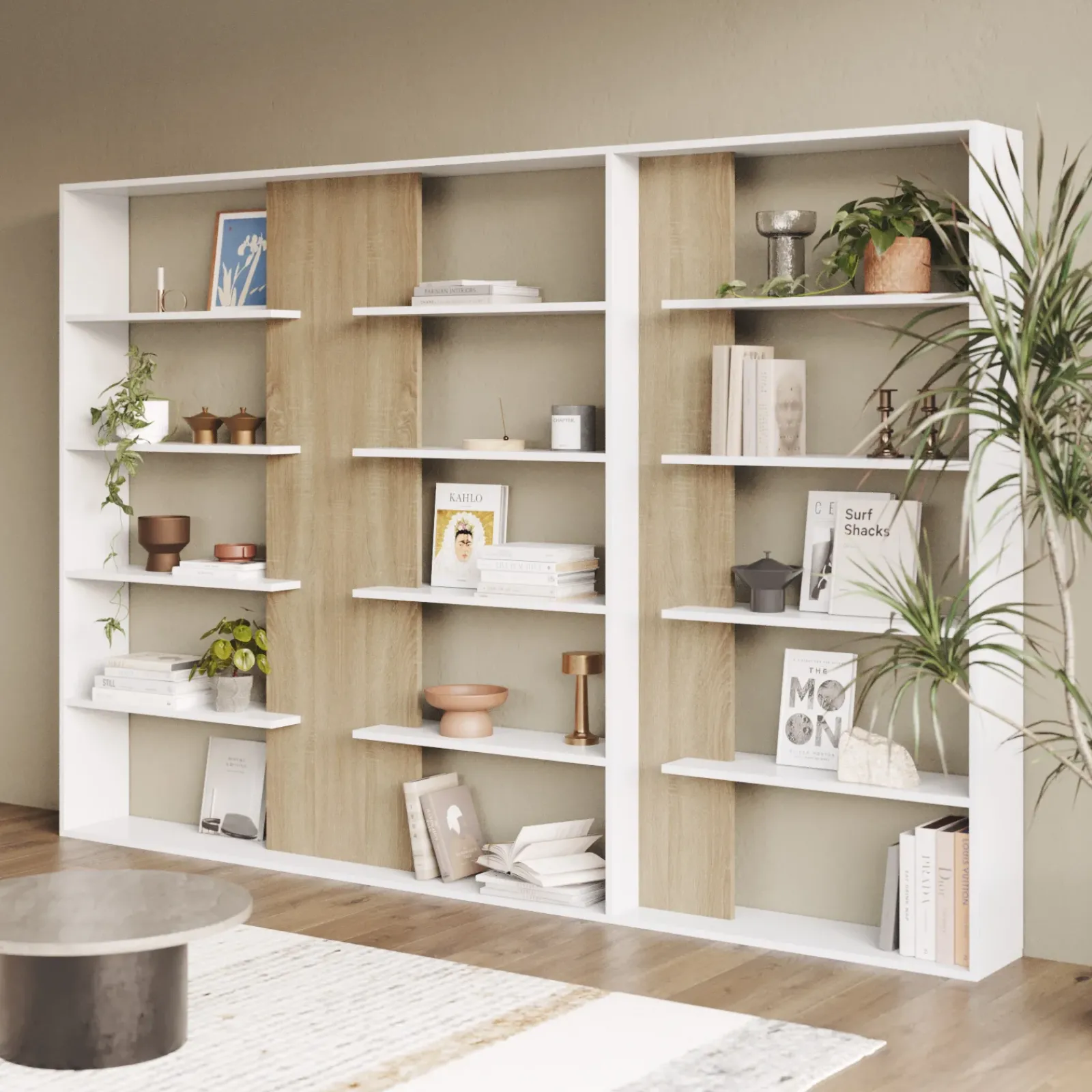 Garnero Arredamenti Librerie Ufficio|Librerie-Libreria da parete 270x180h cm moderna soggiorno rovere bianco Libris Aline 3 Bianco Opaco - Rovere