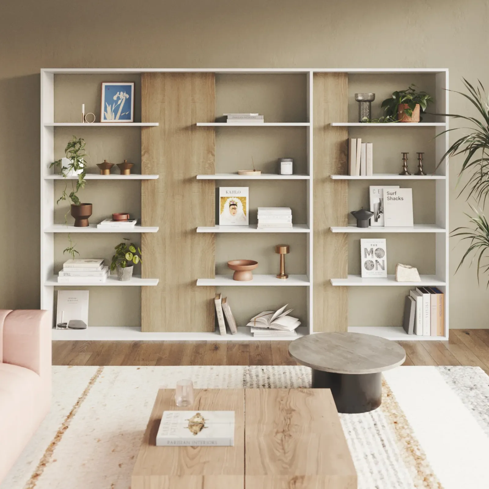 Garnero Arredamenti Librerie Ufficio|Librerie-Libreria da parete 270x180h cm moderna soggiorno rovere bianco Libris Aline 3 Bianco Opaco - Rovere