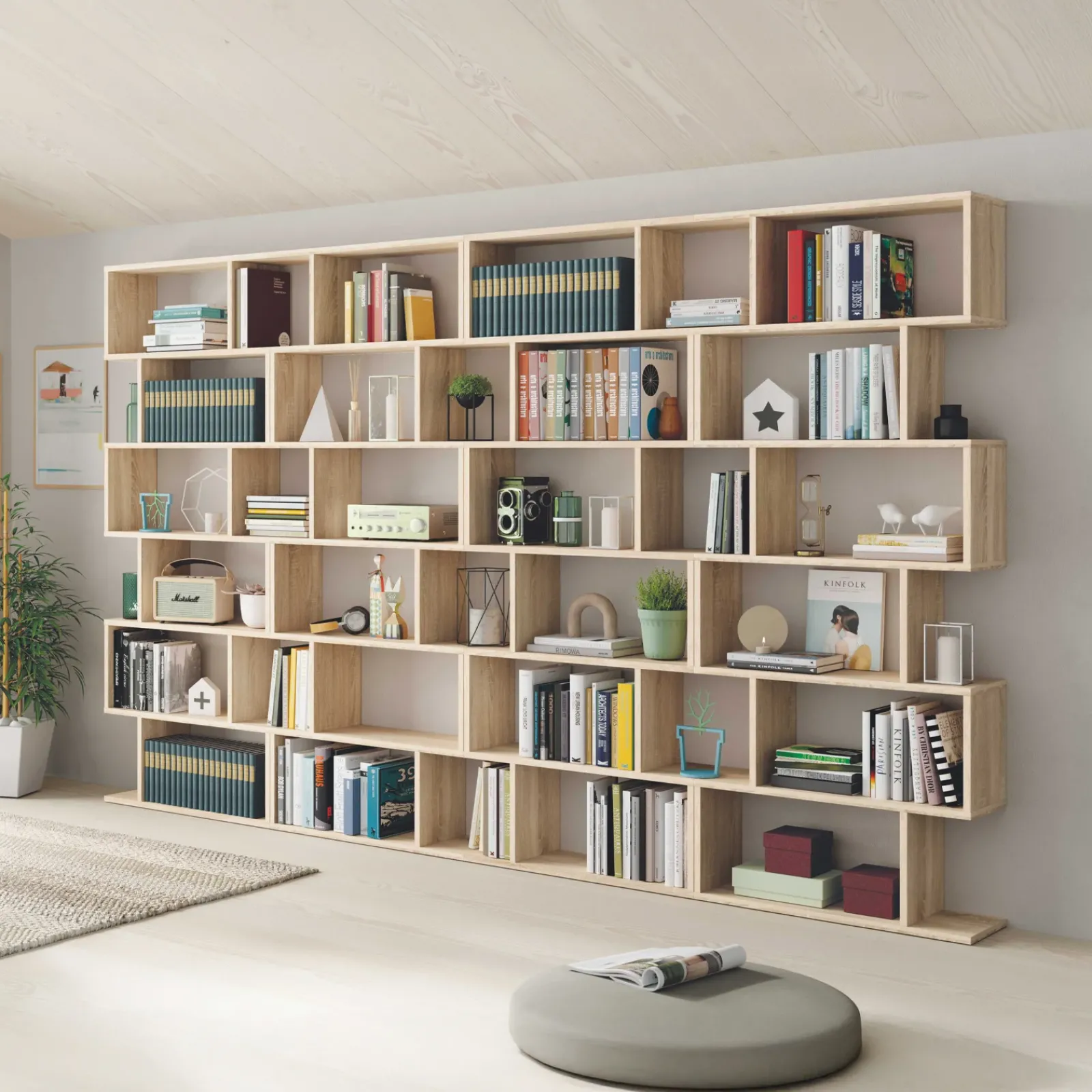 Garnero Arredamenti Librerie Ufficio|Librerie-Libreria da parete 320x192h cm moderna soggiorno chiaro Amira Rovere