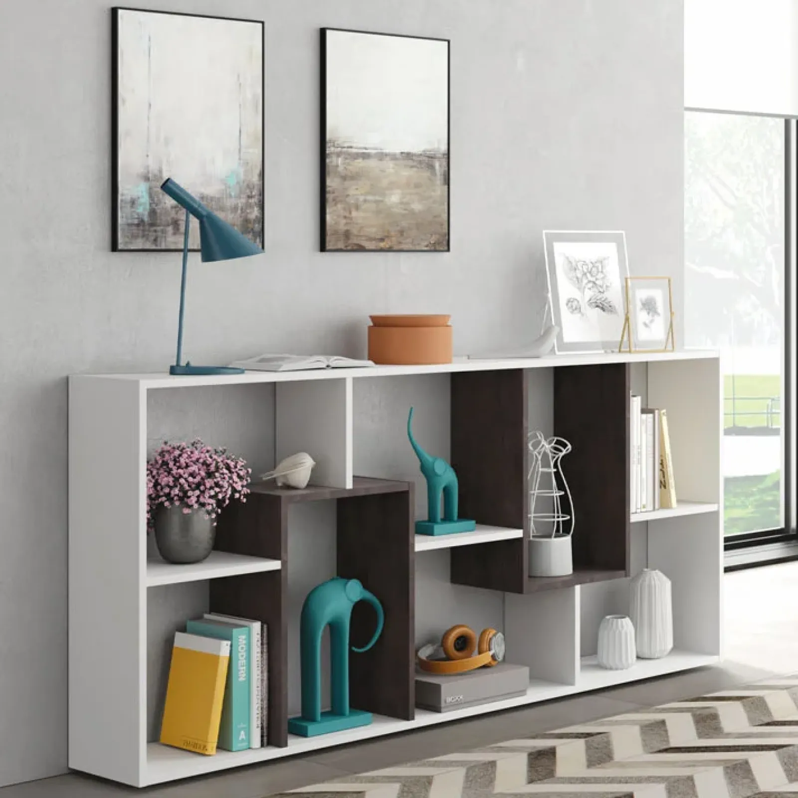 Garnero Arredamenti Librerie Ufficio|Librerie-Libreria orizzontale 180x80h cm moderna bianco opaco ossido Texas