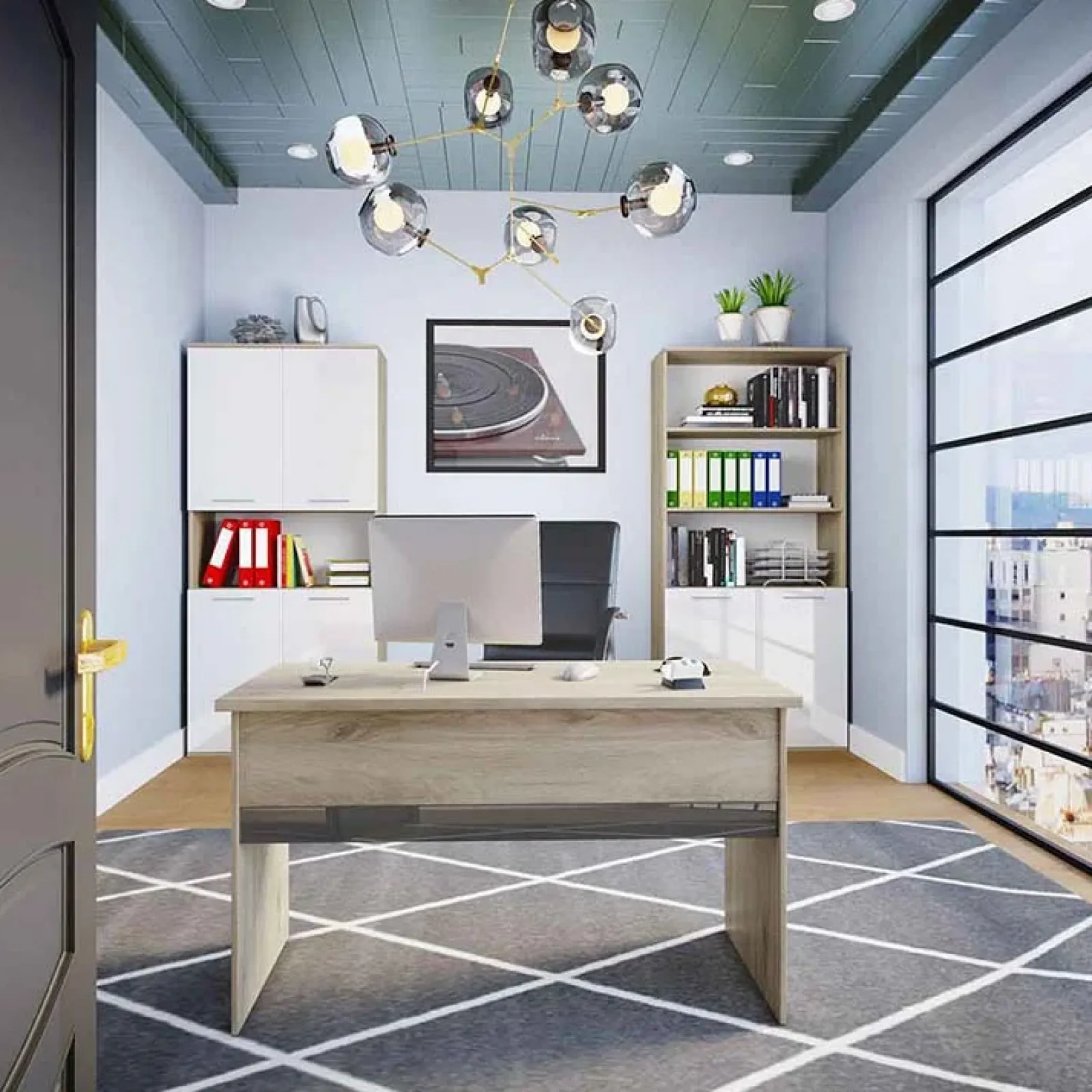 Garnero Arredamenti Librerie Ufficio|Librerie-Libreria ufficio 80x176h cm 2 ante rovere bianco lucido Time E Bianco Lucido - Rovere