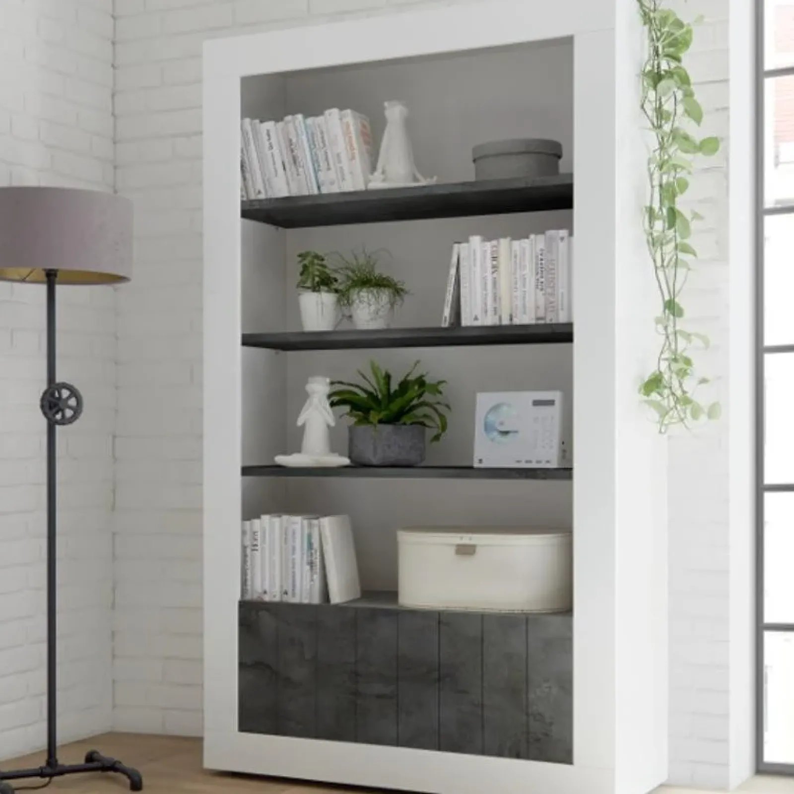 Garnero Arredamenti Librerie|Librerie-Libreria 110x190h cm 2 ante con ripiani moderna bianco lucido ossido Florena Ossido - Bianco Lucido