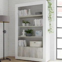 Garnero Arredamenti Librerie|Librerie-Libreria 110x190h cm 2 ante con ripiani moderna bianco lucido bianco frassinato Florena Bianco Frassinato - Bianco Lucido