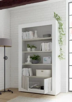 Garnero Arredamenti Librerie|Librerie-Libreria 110x190h cm 2 ante con ripiani moderna bianco lucido bianco frassinato Florena Bianco Frassinato - Bianco Lucido
