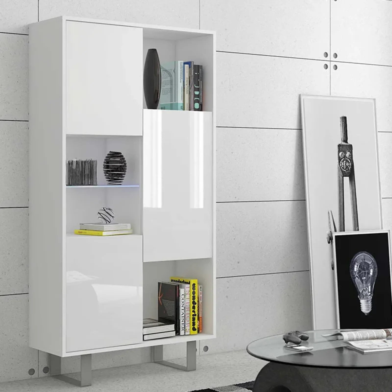 Garnero Arredamenti Librerie Ufficio|Librerie-Libreria 80x165h cm 3 ante design moderna bianco opaco e lucido Star