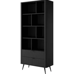 Garnero Arredamenti Librerie|Librerie-Libreria 88x194h cm 2 cassetti 8 vani a giorno cannettato Ramis Nero Opaco