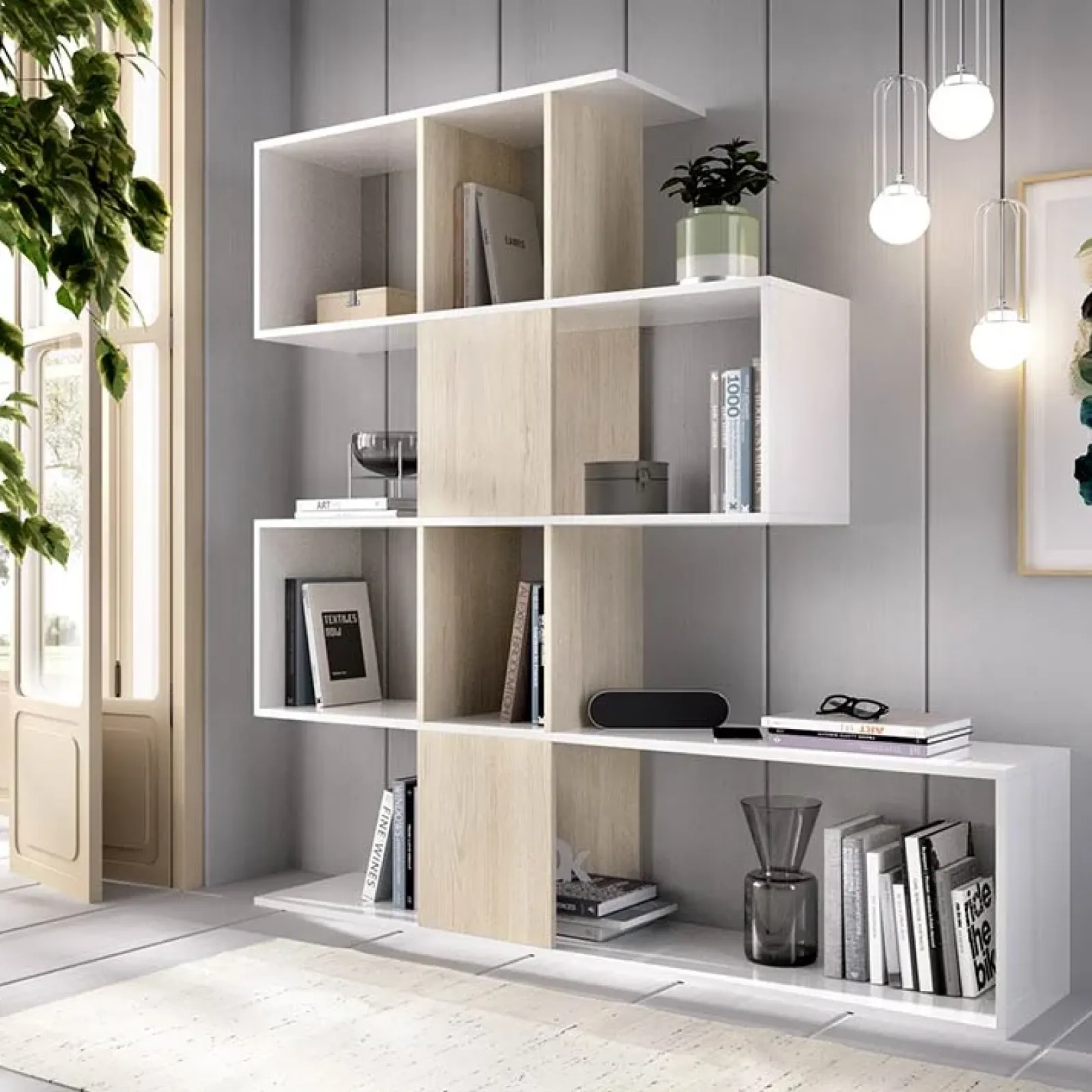 Garnero Arredamenti Librerie Ufficio|Librerie-Libreria 145x145h cm moderna bianco rovere natura Snake Bianco Opaco - Rovere